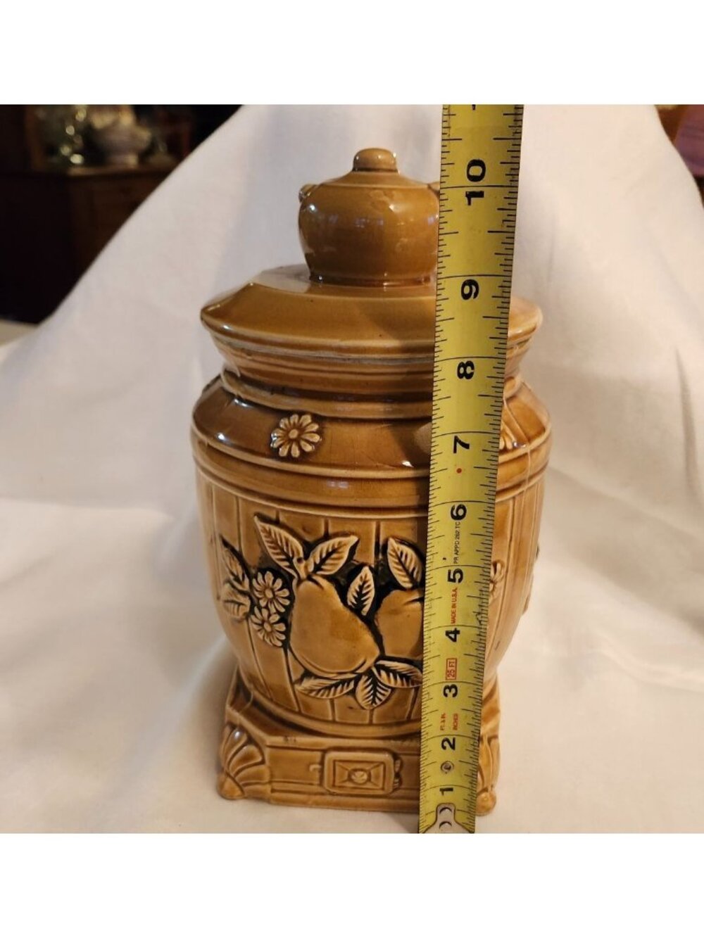 Vintage Ceramic Pot Belly Stove Cookie Jar With Lid & Fruit Design Made In Japan - Picture 6 of 6